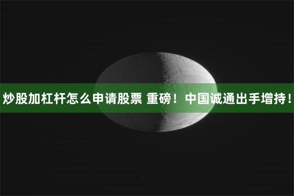 炒股加杠杆怎么申请股票 重磅！中国诚通出手增持！